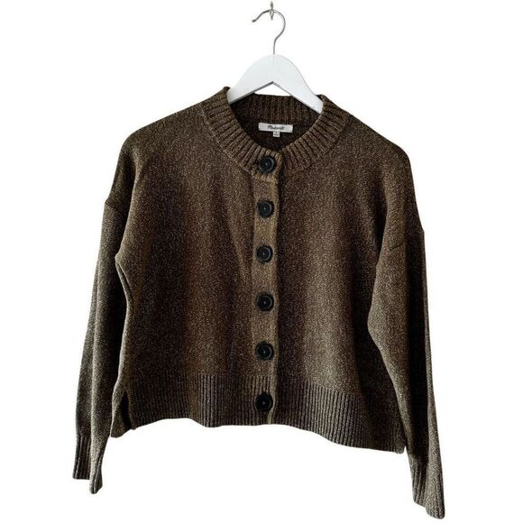 Madewell Button Down Cotton Boxy Cropped Long Sleeve Sweater Olive SZ S # 2394 - Picture 1 of 14